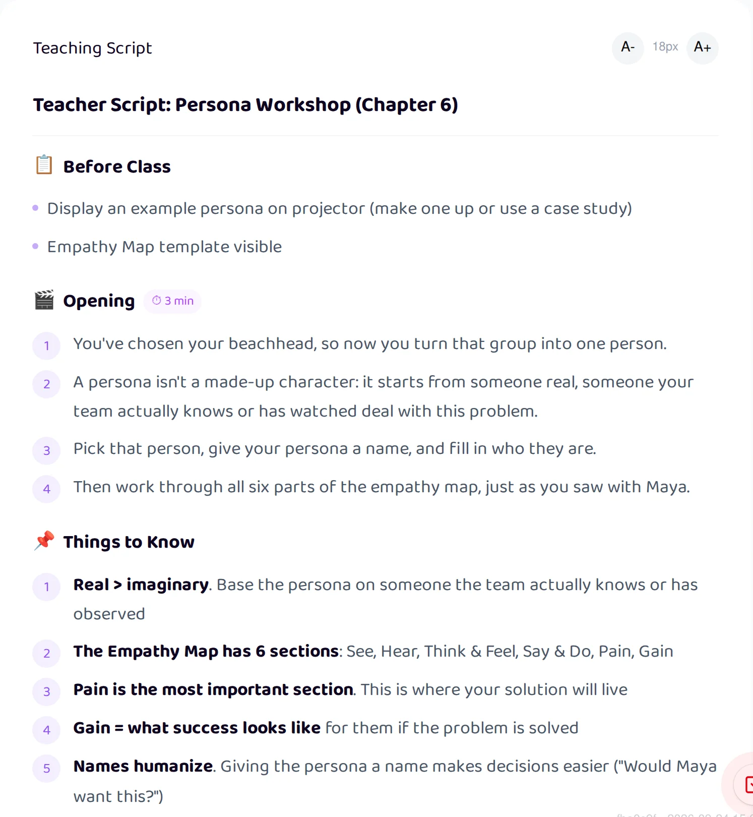 The teacher's script for the Chapter 6 Persona Workshop