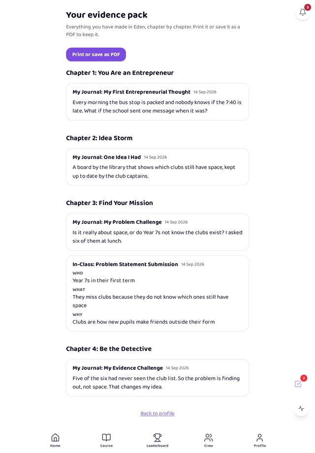 An example of a pupil's evidence pack in the Eden app on an iPad: journal entries and an In-Class problem statement, chapter by chapter